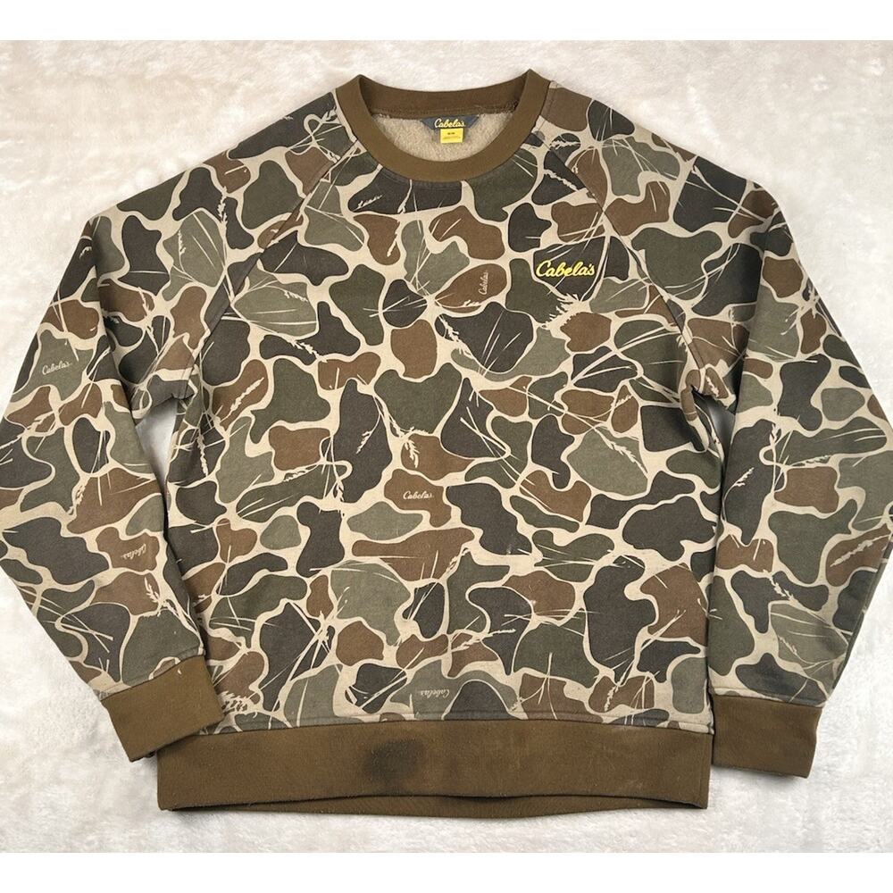 VINTAGE Cabelas Sweatshirt Mens Sz M Duck Camo Fleece Crewneck Y2K Hunting